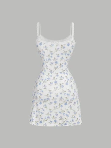 SHEIN MOD Women's Ditsy Floral Lace Trim Mini Knitted Dress, Summer Mini Dress - Baby Blue - View 2