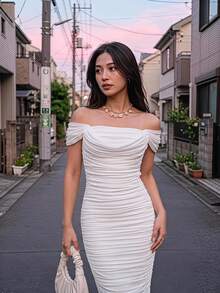 SHEIN MOD Off Shoulder Ruched Bodycon Dress,White Graduation Dress, Wedding Guest Dress - White - View 1