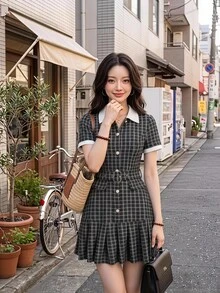 SHEIN MOD Vintage Plaid Patchwork Ruched Short Sleeve Dress Back To School Clothes School Outfits Old Money Style - Black - View 1