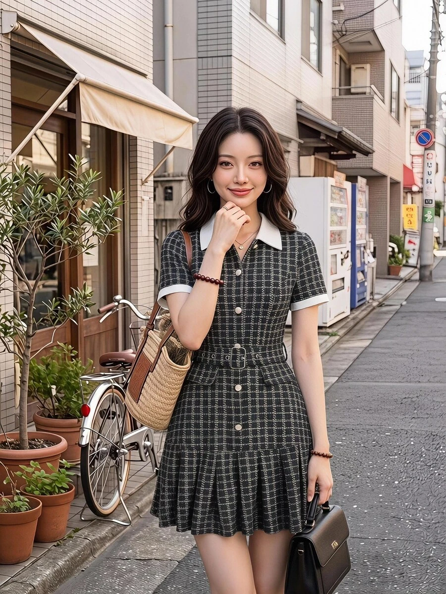SHEIN MOD Vintage Plaid Patchwork Ruched Short Sleeve Dress Back To School Clothes School Outfits Old Money Style - Black - View 1