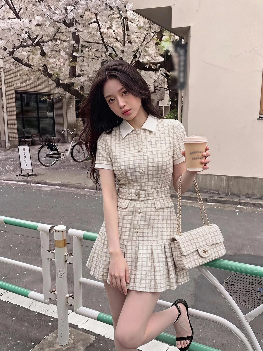 SHEIN MOD Vintage Plaid Patchwork Pleated Short Sleeve Dress Back To School Clothes School Outfits Old Money Style - Khaki - View 1