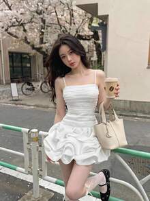 SHEIN MOD Women's White Fitted Ruched Bubble Hem Organza Mini Dress,Valentine Day - White - View 1