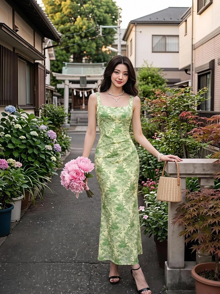SHEIN MOD Pale Yellow Print Fitted Slit Midi Dress Vacation Summer Elegant - Green - View 1