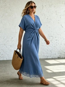 Ceyna Plus Size Women's Elegant Solid Color Twisted Knot Lace Patchwork Long Dress For Spring And Autumn - Blue - View 6