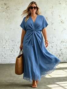 Ceyna Plus Size Women's Elegant Solid Color Twisted Knot Lace Patchwork Long Dress For Spring And Autumn - Blue - View 1