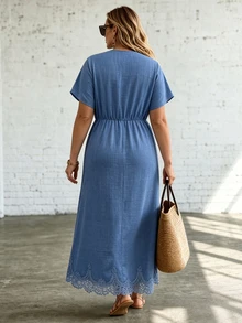 Ceyna Plus Size Women's Elegant Solid Color Twisted Knot Lace Patchwork Long Dress For Spring And Autumn - Blue - View 2