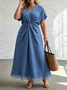 Ceyna Plus Size Women's Elegant Solid Color Twisted Knot Lace Patchwork Long Dress For Spring And Autumn - Blue - View 5