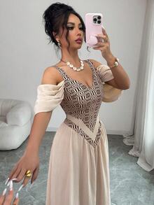 Elenzga 優雅波希米亞浪漫細緻女款洋裝，細肩帶性感印花A字裙，米色夏季度假風 - 彩色 - 查看 5