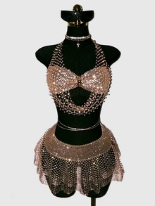 SHEIN DivaQ Women's 2 Pieces Party Club Set, Halloween Rave Outfit, Sexy Backless Sheer Glitter, Perfect For Wear, Concert Gold Summer - Champagne - View 7