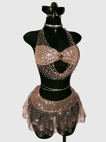 SHEIN DivaQ Women's 2 Pieces Party Club Set, Halloween Rave Outfit, Sexy Backless Sheer Glitter, Perfect For Wear, Concert Gold Summer - Champagne - View 3