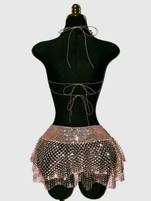 SHEIN DivaQ Women's 2 Pieces Party Club Set, Halloween Rave Outfit, Sexy Backless Sheer Glitter, Perfect For Wear, Concert Gold Summer - Champagne - View 4