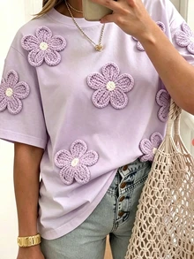 EMERY ROSE 女款大尺碼休閒可愛短袖圓領仿刺繡花卉T恤 正式約會之夜 薰衣草色 夏季 - 彩色 - 查看 3
