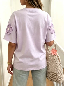 EMERY ROSE 女款大尺碼休閒可愛短袖圓領仿刺繡花卉T恤 正式約會之夜 薰衣草色 夏季 - 彩色 - 查看 2