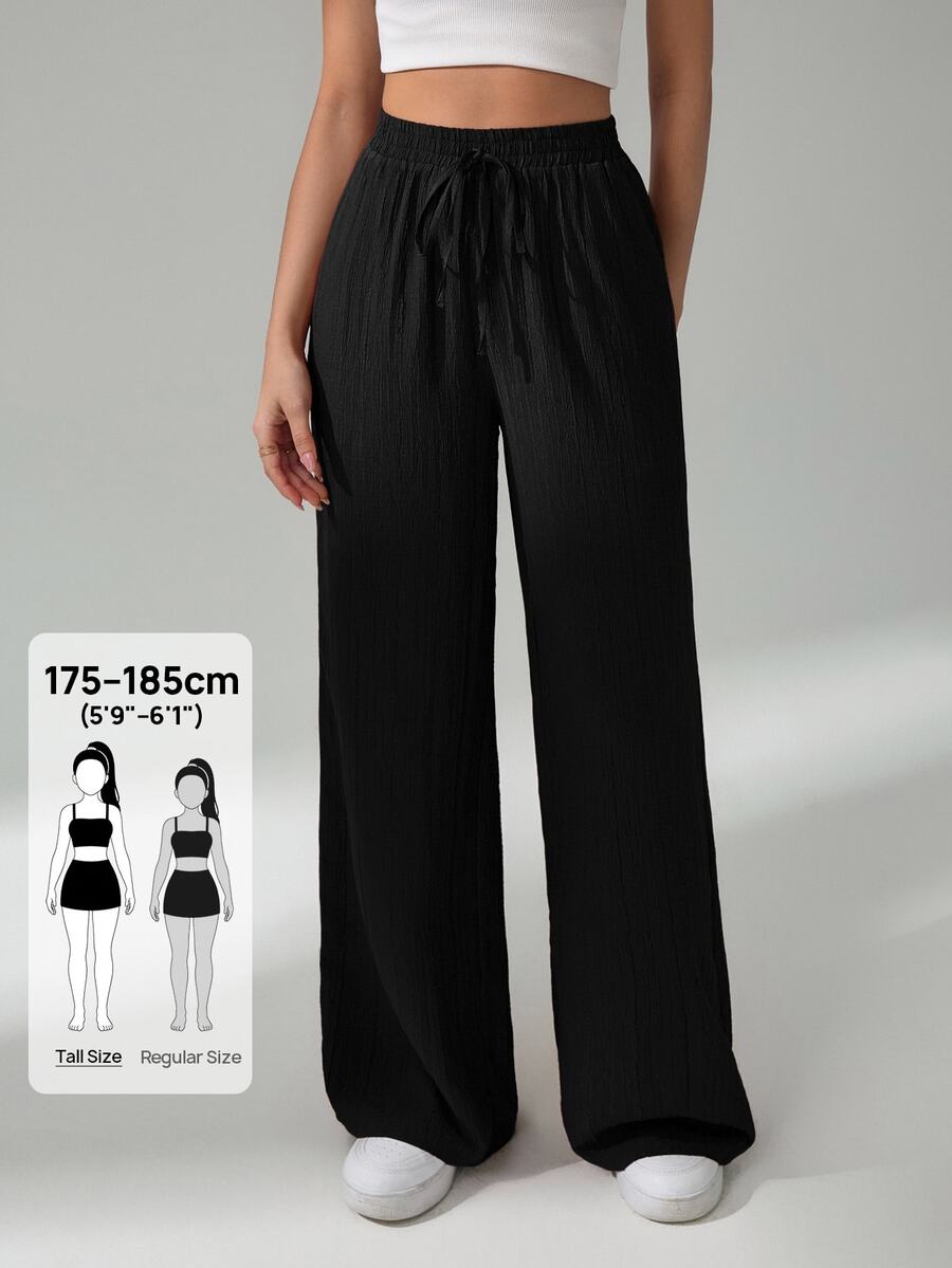 SHEIN Tall 女款純色繫帶寬腿寬鬆休閒長褲,工裝褲,適合高個女性 - 黑色 - 查看 1