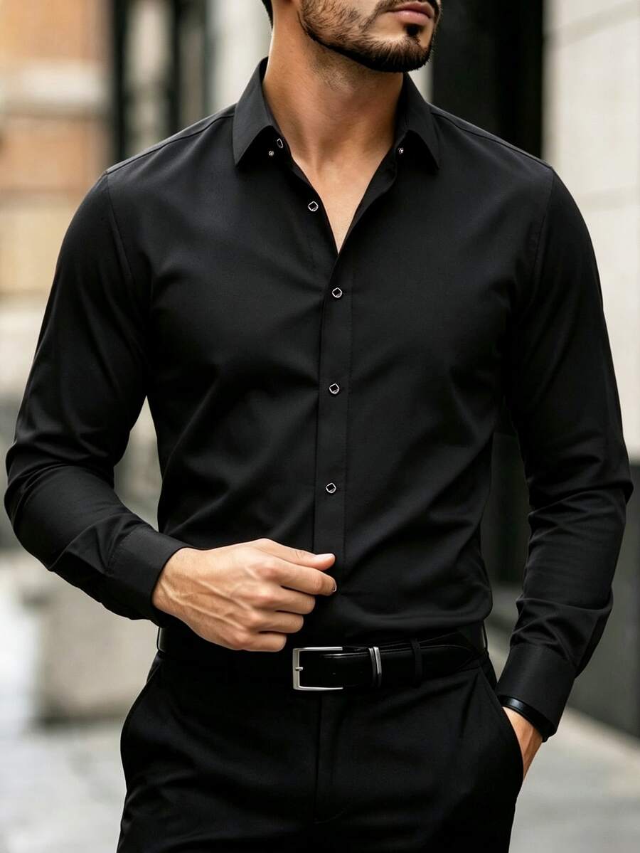 Manfinity Mode Áo sơ mi nam màu trơn phong cách thường ngày đa năng mặc hằng ngày - màu đen - Xem 1