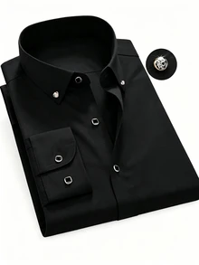 Manfinity Mode Áo sơ mi nam màu trơn phong cách thường ngày đa năng mặc hằng ngày - màu đen - Xem 4