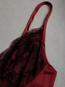 Sweetra 時尚性感休閒細肩帶度假風 V 領對比蕾絲 A 字修身夏季女款洋裝，適合約會晚餐，酒紅色 - 酒紅色 - 查看 4