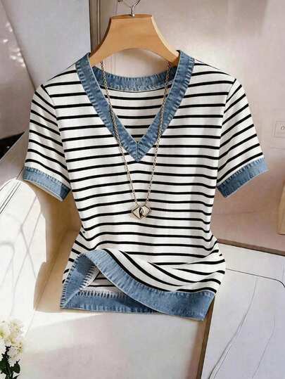 GlowEve Women's V-Neck Denim Effect Patchwork Black And White Checkered Short Sleeve Shirt, Summer Vacation Casual Coastal
