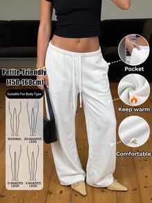 SHEIN PETITE Elegant, Fleece-Lined White Trousers For Petite Women-Warm And Stylish For Autumn And Winter. - White - View 4