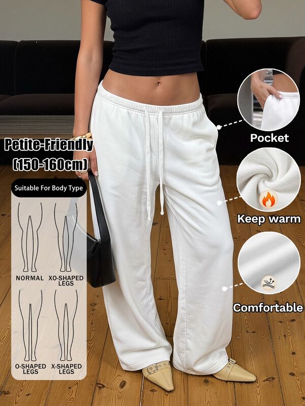 SHEIN PETITE Elegant, Fleece-Lined White Trousers For Petite Women-Warm And Stylish For Autumn And Winter.