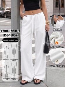SHEIN PETITE Elegant, Fleece-Lined White Trousers For Petite Women-Warm And Stylish For Autumn And Winter. - White - View 1