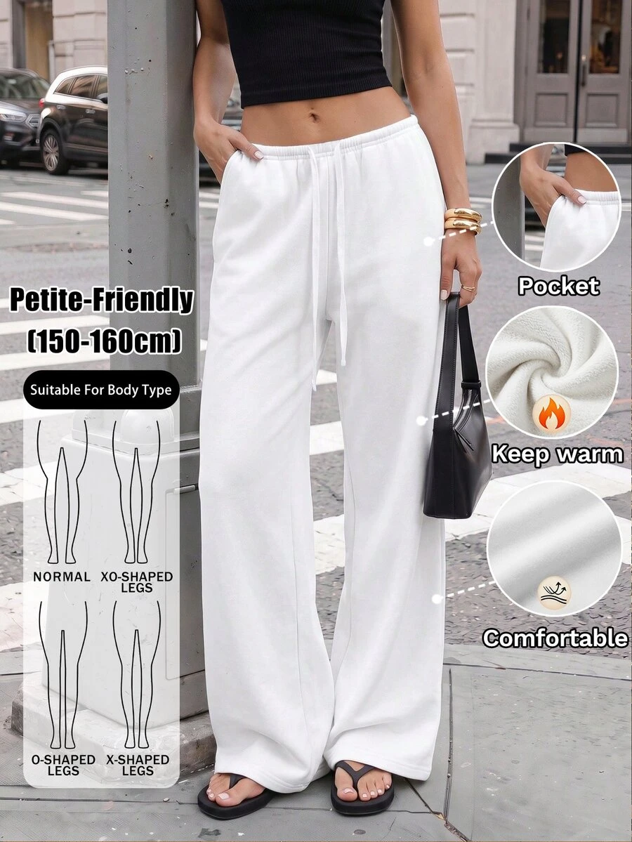 SHEIN PETITE Elegant, Fleece-Lined White Trousers For Petite Women-Warm And Stylish For Autumn And Winter. - White - View 1