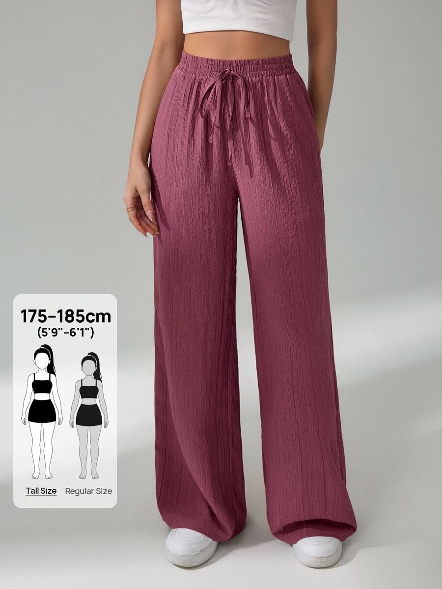 SHEIN Tall 女款休閒長版紫色編織布料長褲,附口袋與抽繩腰帶,適合高個女性 - 紫色 - 查看 1