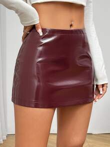 SHEIN PETITE Fitted Low-Rise Mini Skirts, Leather Skirts, Autumn Skirts,Petite Women Night Party Burgundy Sexy - Brown - View 6