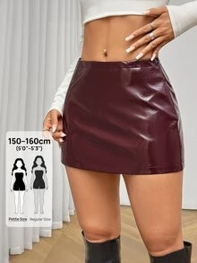 SHEIN PETITE Fitted Low-Rise Mini Skirts, Leather Skirts, Autumn Skirts,Petite Women Night Party Burgundy Sexy - Brown - View 1
