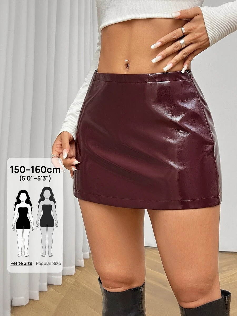 SHEIN PETITE Fitted Low-Rise Mini Skirts, Leather Skirts, Autumn Skirts,Petite Women Night Party Burgundy Sexy - Brown - View 1