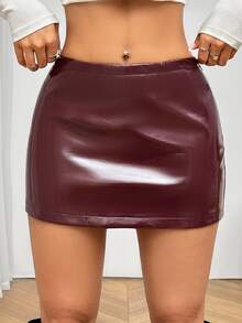 SHEIN PETITE Fitted Low-Rise Mini Skirts, Leather Skirts, Autumn Skirts,Petite Women Night Party Burgundy Sexy - Brown - View 7