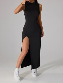 SHEIN PETITE 女士優雅休閒開衩洋裝，輕盈夏季女款洋裝，適合嬌小女性 - 黑色 - 查看 4