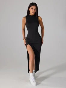 SHEIN PETITE 女士優雅休閒開衩洋裝，輕盈夏季女款洋裝，適合嬌小女性 - 黑色 - 查看 8