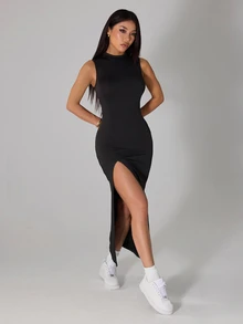 SHEIN PETITE 女士優雅休閒開衩洋裝，輕盈夏季女款洋裝，適合嬌小女性 - 黑色 - 查看 3