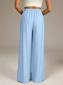 SHEIN Tall 女款淺藍色夏季休閒度假寬腿褲，時尚Y2K街頭風，高腰寬鬆上班通勤褲，適合高個女生 - 藍色 - 查看 3