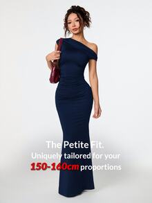 SHEIN PETITE 優雅女款海軍藍夏季斜肩不對稱超長魚尾裙，日場派對宴會夜店穿搭，日常約會洋裝，適合嬌小女性 - 藏蓝色 - 查看 11