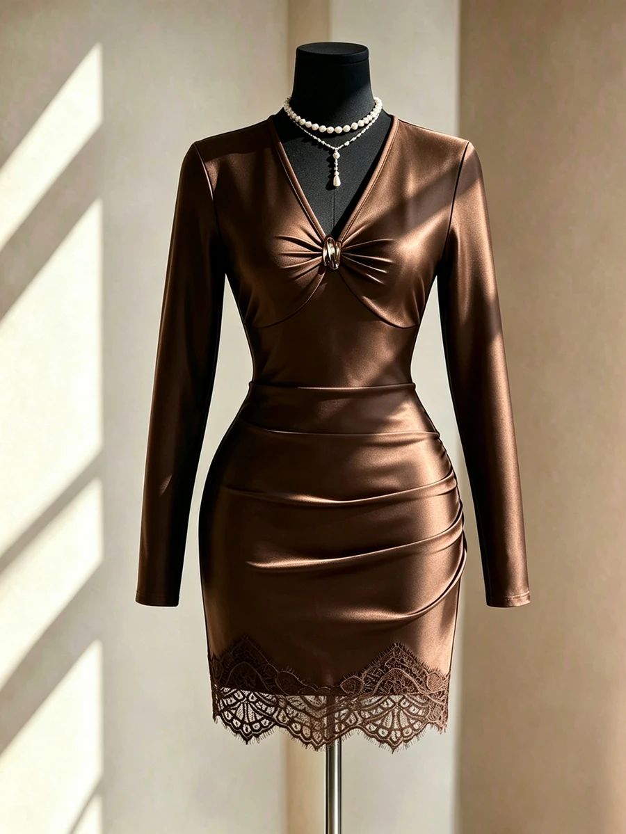 Fine & Folde Gaun Bodycon Warna Polos Cokelat Seksi untuk Wanita, Cocok untuk Perjalanan, Malam Hari, Kencan, dan Acara Musim Gugur. - Coklat - View 1