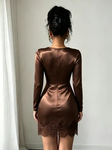 Fine & Folde Gaun Bodycon Warna Polos Cokelat Seksi untuk Wanita, Cocok untuk Perjalanan, Malam Hari, Kencan, dan Acara Musim Gugur. - Coklat - View 6