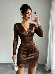 Fine & Folde Gaun Bodycon Warna Polos Cokelat Seksi untuk Wanita, Cocok untuk Perjalanan, Malam Hari, Kencan, dan Acara Musim Gugur. - Coklat - View 7