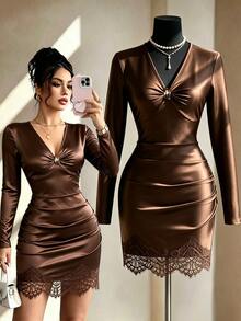 Fine & Folde Gaun Bodycon Warna Polos Cokelat Seksi untuk Wanita, Cocok untuk Perjalanan, Malam Hari, Kencan, dan Acara Musim Gugur. - Coklat - View 2