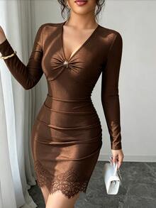 Fine & Folde Gaun Bodycon Warna Polos Cokelat Seksi untuk Wanita, Cocok untuk Perjalanan, Malam Hari, Kencan, dan Acara Musim Gugur. - Coklat - View 3