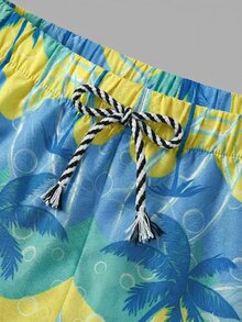 SHEIN 青少年男孩休閒藍色夏季趣味度假 2 合 1 沙灘短褲，熱帶椰子滿版印花泳褲 - 彩色 - 查看 5