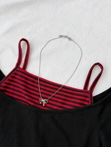 青少年女孩 Y2K 黑白抓皺前綁帶短版上衣，適合夏季畢業返校，休閒極簡風 T-shirt - 黑色 - 查看 3