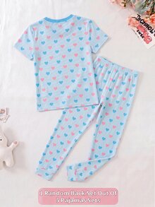 SHEIN 女孩舒適可愛印花針織睡衣套裝，休閒居家服，適合日常穿著，夏季女孩服飾，女孩衣著，貼身剪裁 - 彩色 - 查看 2