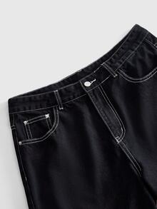 ROMWE MEN Men's Loose Fit Skull Embroidered Pattern Denim Jeans - Black - View 6