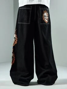 ROMWE MEN Men's Loose Fit Skull Embroidered Pattern Denim Jeans - Black - View 5
