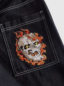 ROMWE MEN Men's Loose Fit Skull Embroidered Pattern Denim Jeans - Black - View 7