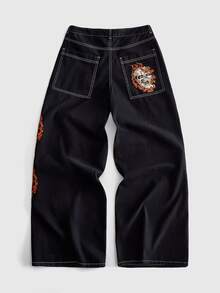 ROMWE MEN Men's Loose Fit Skull Embroidered Pattern Denim Jeans - Black - View 3