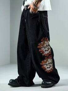 ROMWE MEN Men's Loose Fit Skull Embroidered Pattern Denim Jeans - Black - View 1