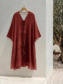 Zivah Colección Primavera/Verano 2026 Adecuada para Múltiples Ocasiones, Incluyendo Festivales de Música, Día de San Patricio, Día de San Valentín, Citas, Tema Occidental. Kimono Largo de Gasa Marrón Casual de Playa para Vacaciones de Mujer - Burdeos - Ver 9